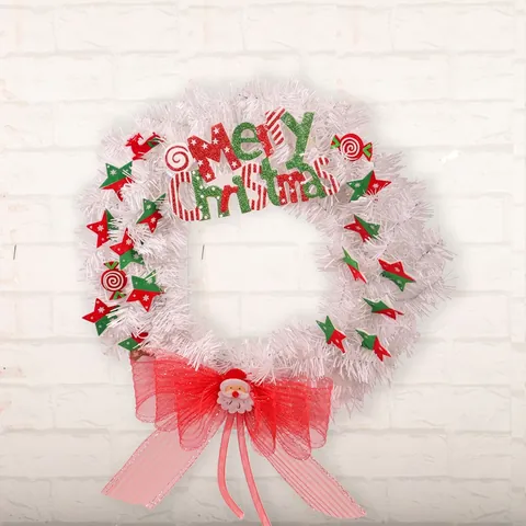 Corona De Navidad Malla Blanca Estrella Caramelo Decoración Lazo Rojo Papá Noel Para Puerta Pared Fiesta Festiva Ornamento