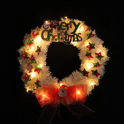 Corona De Navidad Malla Blanca Estrella Caramelo Decoración Lazo Rojo Papá Noel Para Puerta Pared Fiesta Festiva Ornamento