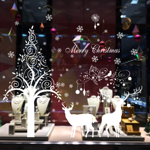 Christmas Tree Reindeer Snowflake Wall Stickers Removable PVC Window Decals Festive Glass Door Holiday Home Decor Colorful Ornaments