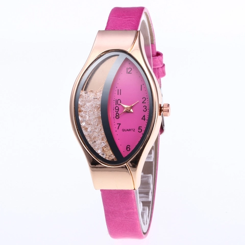 Women Quartz Watch Fashion Alloy Rose Gold Leaf Shape Case Moving Rhinestones Faux Leather Strap Casual Wristwatch