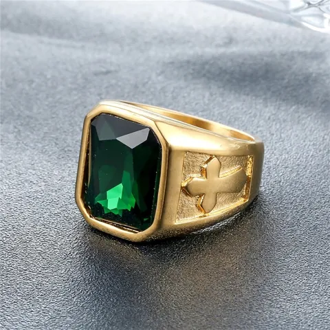 Anello Sigillo Uomo Acciaio Inossidabile Pietra Rettangolare Rilievo Croce Retro Punk Gotico Gioiello Religioso