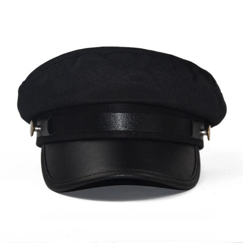 Newsboy Cap Women Retro Sailor Hat Cotton Fabric PU Leather Brim Flat Top Octagonal British Style Metal Button Accessory