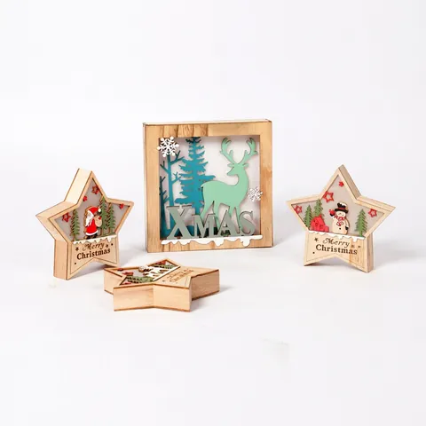 Decorazione Natalizia In Legno Con Luci LED Ornamento Da Tavolo Intagliato Babbo Natale Renna Pupazzo Di Neve Stella Forma Quadrata