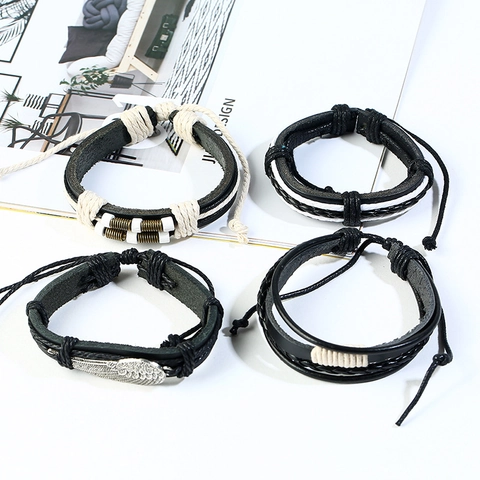 Vintage Men's 12-Piece Set Woven Leather Bracelets Multi-Layer PU Cowhide Hemp Rope Wood Bead Adjustable Punk Boho Jewelry