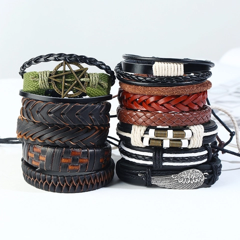 Combinazione Di Bracciali Intrecciati Retro Uomo Pelle Di Vacca PU Corda Di Canapa Perline Di Legno Filo Di Cera Lega Vintage Punk Multistrato Regolabile
