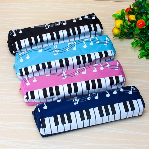 Canvas Pencil Case Stationery Bag Piano Keyboard Music Note Print Zippered Storage Pouch School Office Supplies For Students