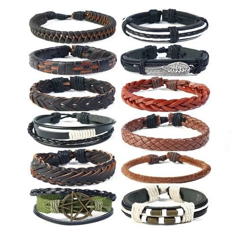 Combinazione Di Bracciali Intrecciati Retro Uomo Pelle Di Vacca PU Corda Di Canapa Perline Di Legno Filo Di Cera Lega Vintage Punk Multistrato Regolabile