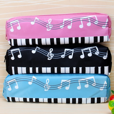 Canvas Pencil Case Stationery Bag Piano Keyboard Music Note Print Zippered Storage Pouch School Office Supplies For Students