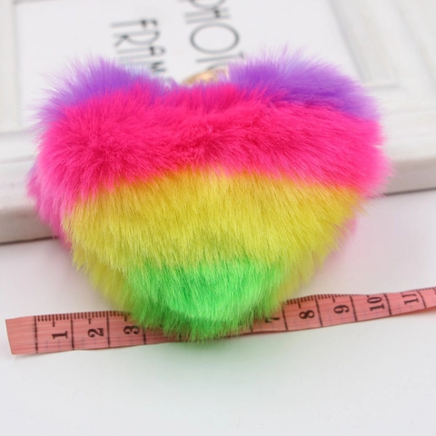 Portachiavi In Peluche Cuore Arcobaleno Pelliccia Sintetica Di Coniglio Ciondolo Per Borsa Soffice Anello In Metallo