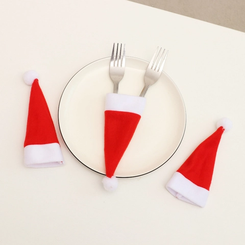 Mini Cappello di Babbo Natale Porta Posate Decorazione Bottiglia di Vino Rosso Bianco Tessuto Decorazione Tavola Festa