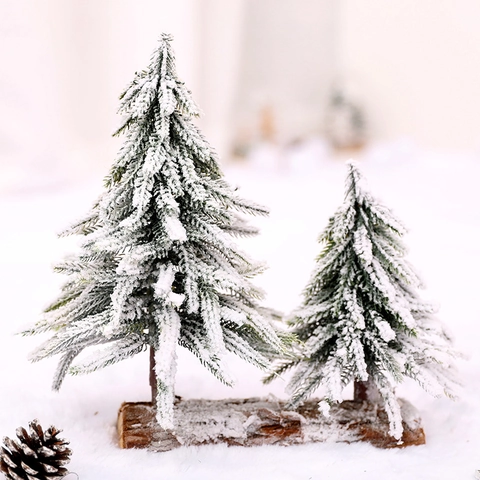 Mini Weihnachtsbaum Beschneit Geflockt PVC Mit Holzsockel Desktop Tischdeko Winterszene Festliches Ornament