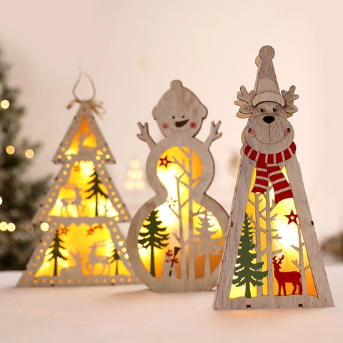 Holz Weihnachtsbaum Ornament LED Leuchtend Weihnachtsmann Schneemann Rentier Tischdekoration Festlich Kerst Neuheit