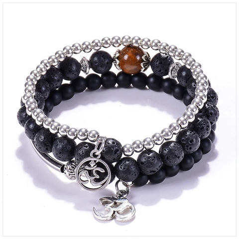 Bracciale Avvolgente Perle Multistrato Pietra Lavica Occhio Di Tigre Yoga Energia Om Ciondolo Gioielli Etnici