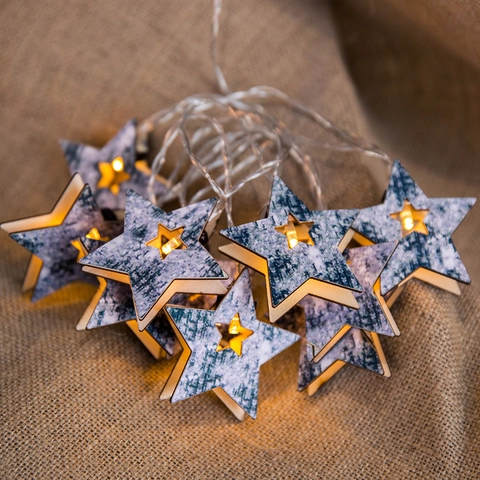 Guirnalda De Luces LED De Navidad De Madera Blanco Cálido Estrella Árbol Copo De Nieve Decoración Con Pilas