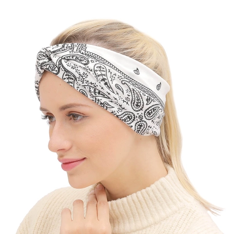 Women Twisted Headband Elastic Fabric Paisley Floral Plaid Print Bohemian Style For Yoga Sports Daily Hair Accessory
