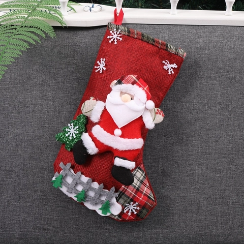 Weihnachtsstrumpf Geschenktüte 3D Weihnachtsmann Schneemann Rentier Bär Leinen Karo Feiertag Party Baum Dekoration