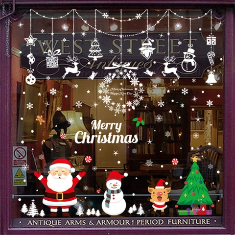 Christmas Window Stickers PVC Static Cling Santa Claus Reindeer Snowman Snowflake Decals DIY Glass Door Party Decoration