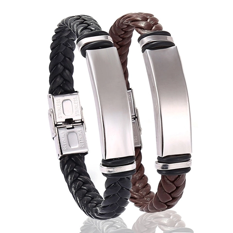 Heren Armband Roestvrij Staal Gevlochten Leer Minimalistisch ID Plaat Gepolijst Modieus Trendy Punk Sieraden