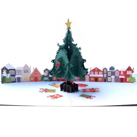 Weihnachts 3D Pop-Up Grußkarte Spezialpapier Lasergeschnittener Weihnachtsbaum Dorf Szene Feiertagssegen Geschenk