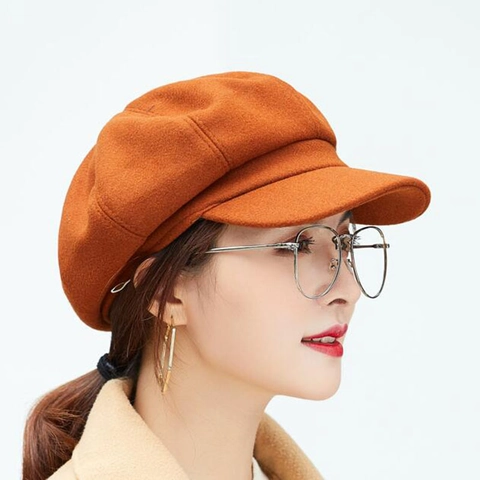 Retro Newsboy Cap For Women Solid Color Woolen Octagonal Hat Short Brim British Style Autumn Winter Warm Beret