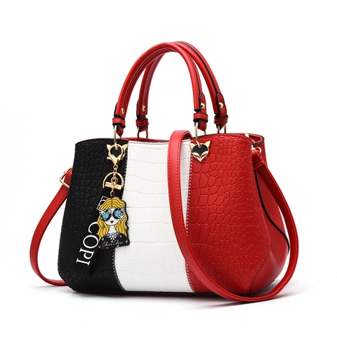 Women Handbag PU Leather Crocodile Texture Contrast Color Shoulder Bag With Cartoon Pendant Fox Decor Fashion Lady