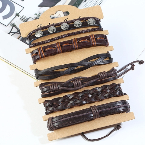 Set di Braccialetti in Pelle di Vacchetta da Uomo Minimalista Vintage Intrecciato a Mano in Corda di Canapa Multistrato Rivetto a Stella Gioielli Fai da Te
