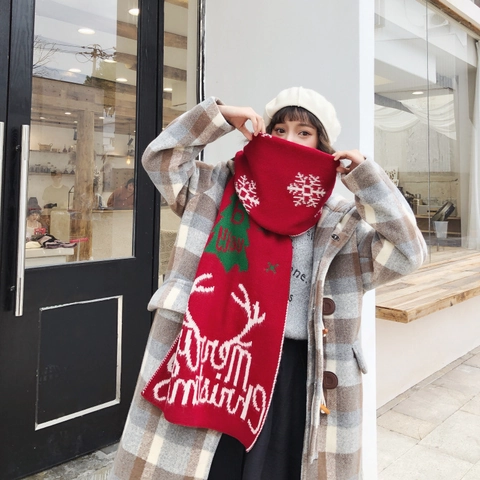 Christmas Knitted Scarf Warm Winter Shawl Merry Christmas Snowflake Reindeer Pattern Festive Gift For Couples Women