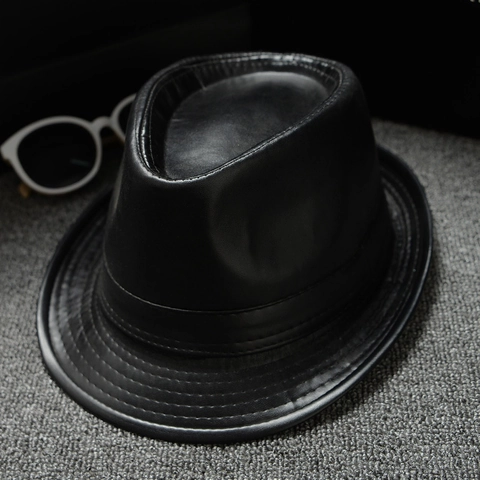 Classic British Style PU Leather Fedora Hat For Men Women Solid Color Wide Brim Jazz Hat Sun Protection Retro Panama Cap
