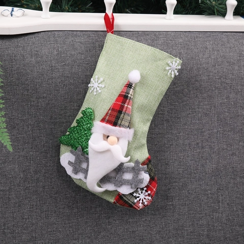 Calcetín De Navidad Lino Arpillera 3D Papá Noel Muñeco De Nieve Reno Cuadros Decoración Colgante Bolsa Regalo