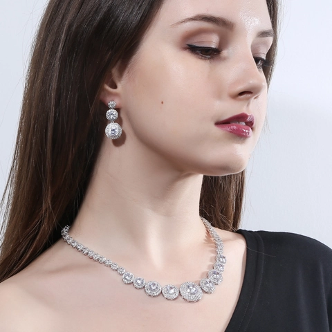 Luxurious Copper Zirconia Jewelry Set With Necklace And Earrings Micro Pave Real Gold Plated Wedding Banquet Women Jewelry