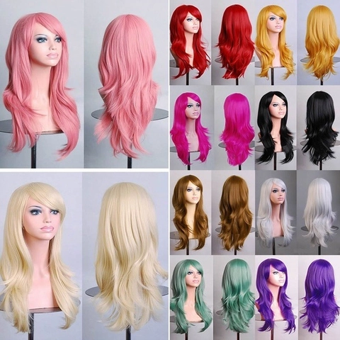 Parrucca Lunga Ondulata Fibra Sintetica Ad Temperatura Con Frangia Per Donna Cosplay Festa Anime Colorata
