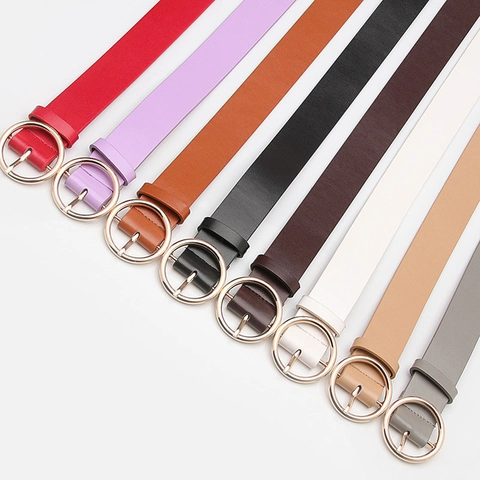 Ceinture Femme Minimaliste en Cuir PU Avec Boucle Ronde en Alliage Ceinture de Taille Couleur Unie Polyvalente pour Jean Décontracté Mode