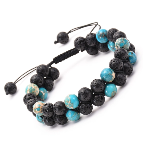 Natural Turquoise And Lava Stone Beaded Bracelet Double Row Essential Oil Diffuser Handmade Woven Adjustable Unisex
