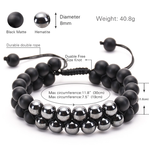 Double Row Natural Matte Stone And Hematite Beaded Bracelet Adjustable Hand Woven Trendy Jewelry For Men Women