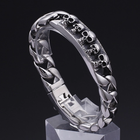 Bracciale Teschio Uomo Acciaio Inossidabile 316L Punk Gotico Maglia Cubana Gioielli Biker Stile Rock Argento