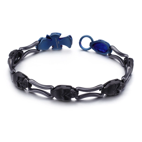 Skull Cross Men Bracelet 316L Stainless Steel Punk Gothic Hip Hop Jewelry Blue Black Two Tone