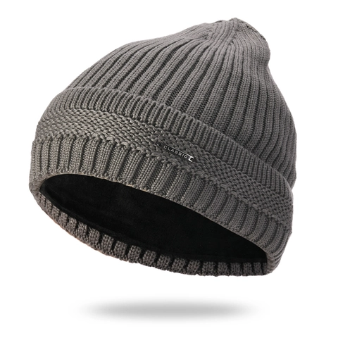 Gorro Beanie De Invierno Para Hombre Con Dobladillo Punto Acanalado Grueso Forro Polar Cálido Exterior Con Placa Metálica