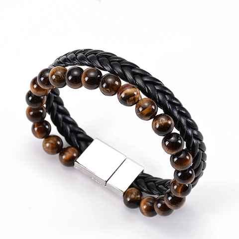 Bracciale Doppio Strato Da Uomo Pietra Naturale Pelle Intrecciata Chiusura Magnetica In Acciaio Inossidabile