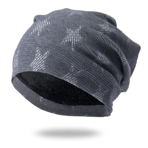 Slouchy Beanie Hat Knitted Fleece Lined Warm Winter Star Pattern Acrylic Pullover Cap Unisex