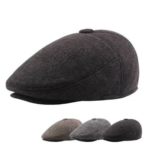 Gorra Plana Retro Para Hombre De Cuadros Invierno Cálida Mezcla De Lana Ivy Newsboy Sombrero Con Orejeras Estilo Británico