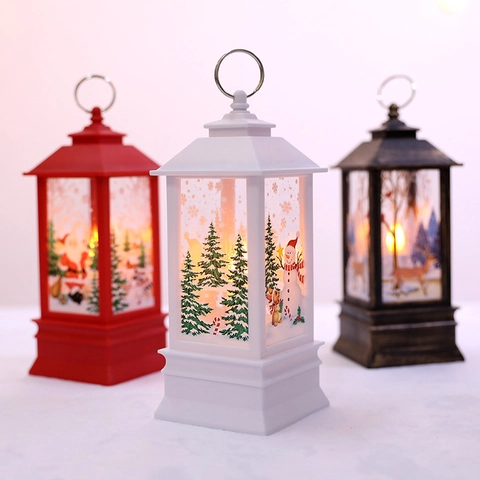 LED Weihnachts Laterne Realistischer Flammen Effekt Kunststoff Tragbare Lampe Retro Rentier Schneemann Muster Dekor