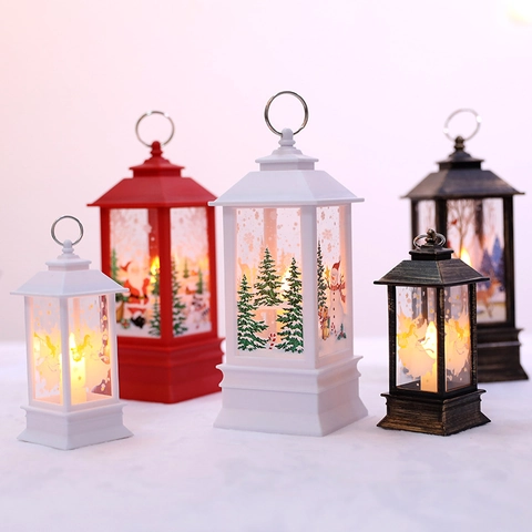 LED Weihnachts Laterne Realistischer Flammen Effekt Kunststoff Tragbare Lampe Retro Rentier Schneemann Muster Dekor