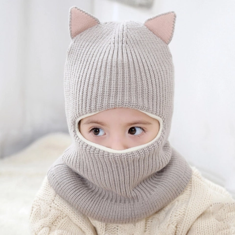 Kinder Acryl Strick Balaclava Kapuzenschal Mütze Verdickt Warm Herbst Winter Winddicht Süße Katzenohren Pompons Kleinkind