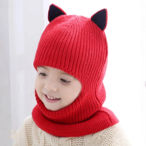 Kinder Acryl Strick Balaclava Kapuzenschal Mütze Verdickt Warm Herbst Winter Winddicht Süße Katzenohren Pompons Kleinkind