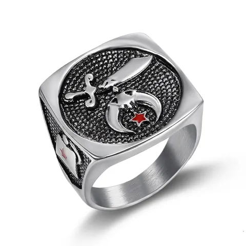 Vintage Signet Ring Stainless Steel Star Moon Scimitar Engraved Retro Punk Mystic Fashion Jewelry For Men