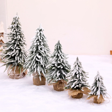 Mini Christmas Tree Desktop Ornaments Flocked Snow Tipped PVC For Holiday Home Office Table Decoration With Wood Base