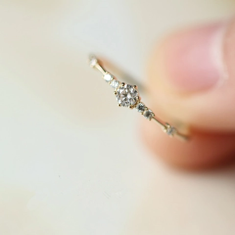 Anello Sottile In Argento Sterling 925 Placcato Oro 14K Zircone Gioielli Minimalisti Eleganti Per Donna