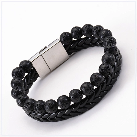 Mens Vintage Double Layer Bracelet Natural Lava Stone Braided Leather Stainless Steel Magnetic Clasp Essential Oil Diffuser