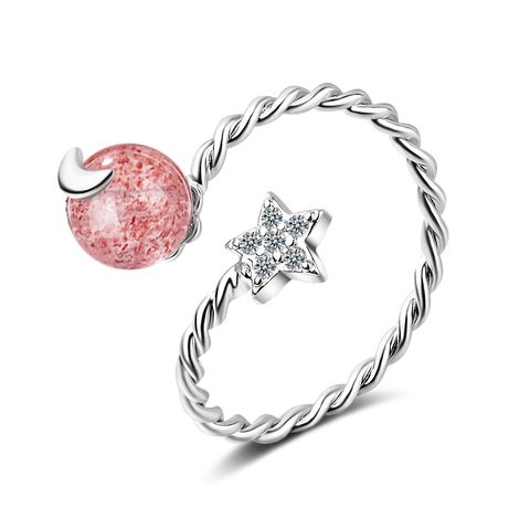 Piccolo Anello Aperto in Cristallo di Fragola e Pietra di Luna per Donna in Lega con Strass Stella e Luna Regolabile Gioielli Stile Ins