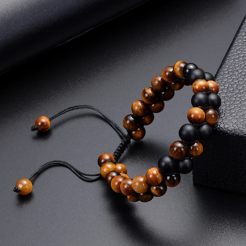 Bracciale In Pietra Occhio Di Tigre A Doppia Fila Corda Intrecciata Regolabile Perle Di Onice Nero Opaco Gioielli Unisex